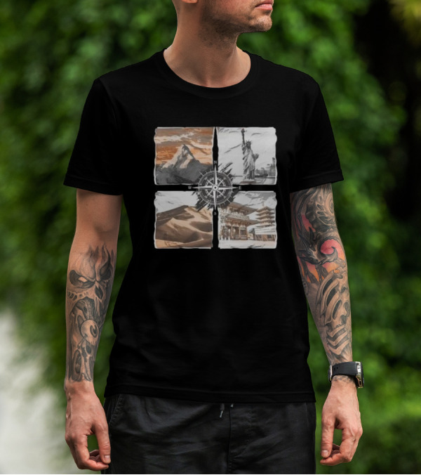 Dads Being Dudes Live Your Life Vintage Mountain Dunes Statue Of Liberty Pagoda Compass T-Shirt