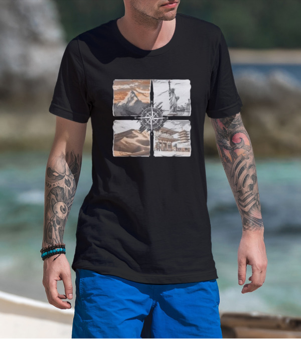 Dads Being Dudes Live Your Life Vintage Mountain Dunes Statue Of Liberty Pagoda Compass T-Shirt
