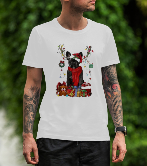 French Bulldog With Santa Hat Reindeer Antlers Xmas Lights And Gifts Merry Christmas T-Shirt