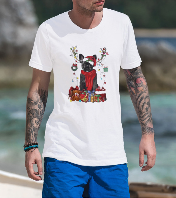 French Bulldog With Santa Hat Reindeer Antlers Xmas Lights And Gifts Merry Christmas T-Shirt