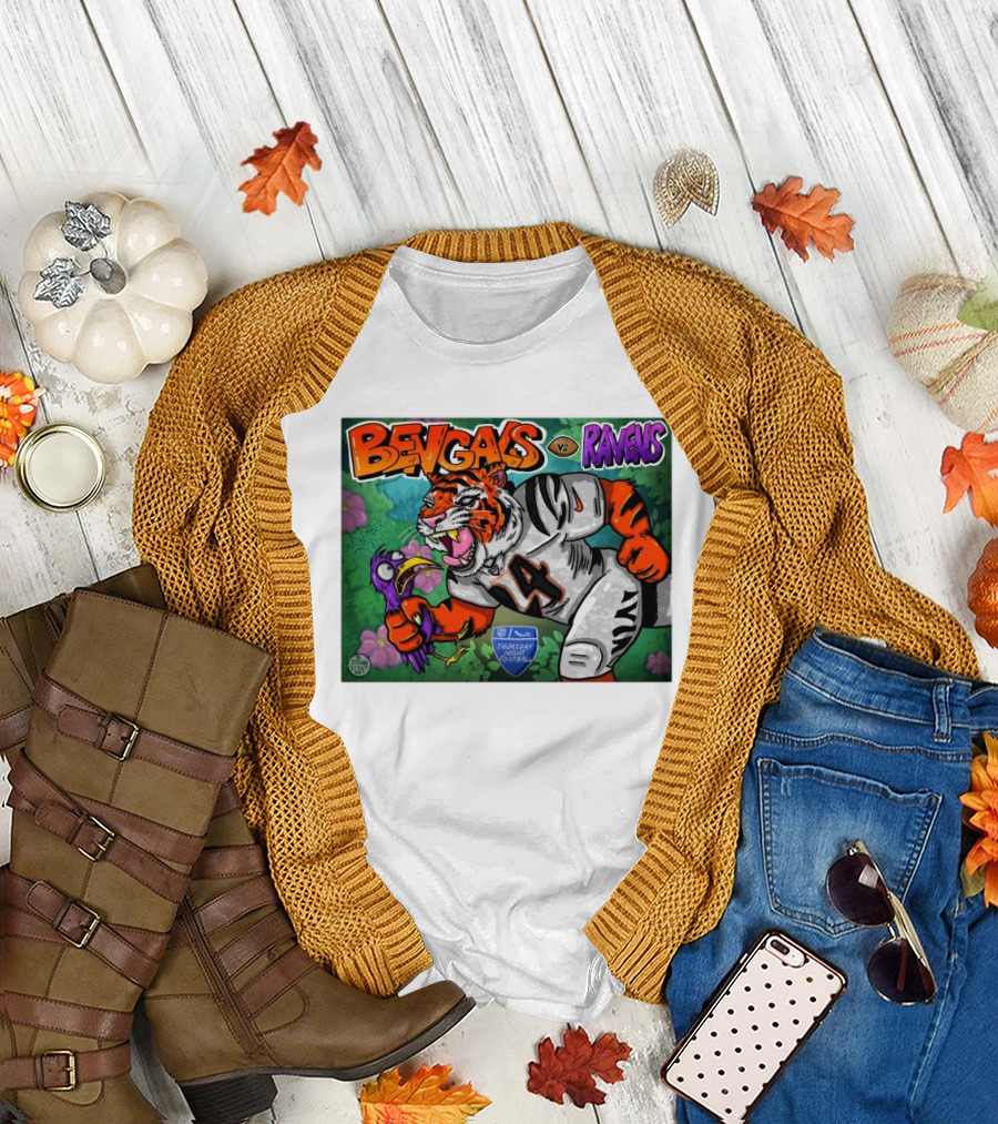 Bengals vs Ravens Thursday Night Football Nov 7th 2024 Mascot Tiger and Bird Confrontation T-Shirt