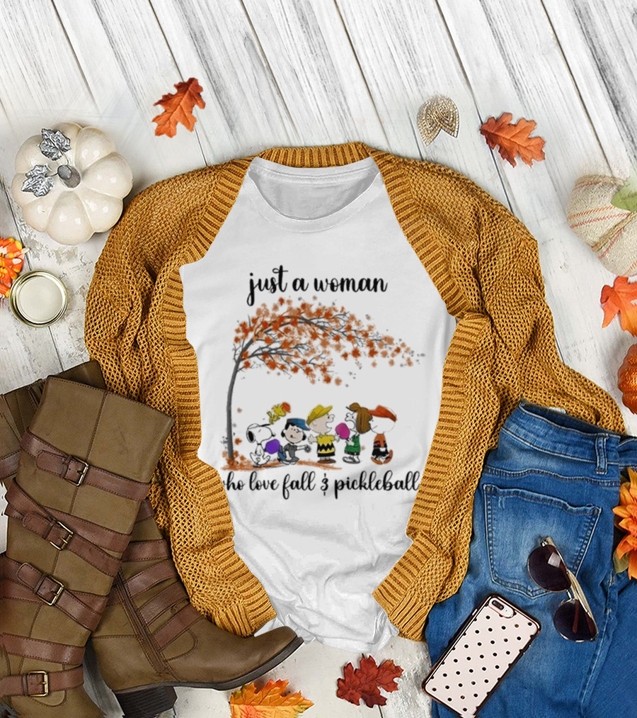 Snoopy Just A Woman Who Loves Fall and Pickleball 2024 Peanuts Characters Autumn Scene T-Shirt