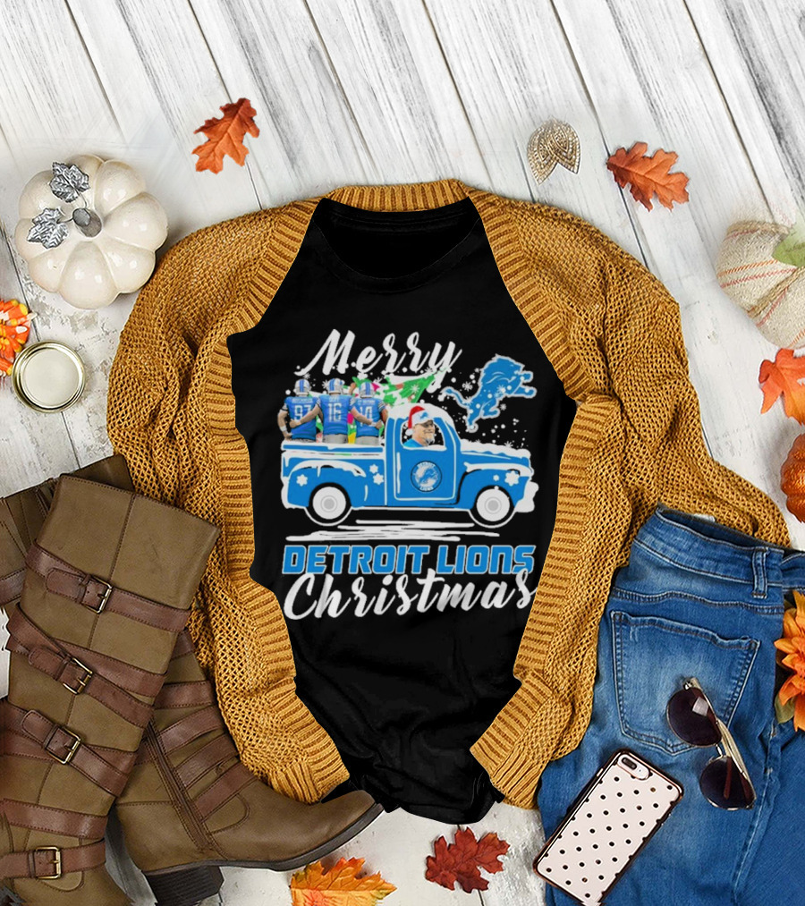 Merry Detroit Lions Christmas with David Montgomery Jared Goff Amon-Ra St. Brown T-Shirt