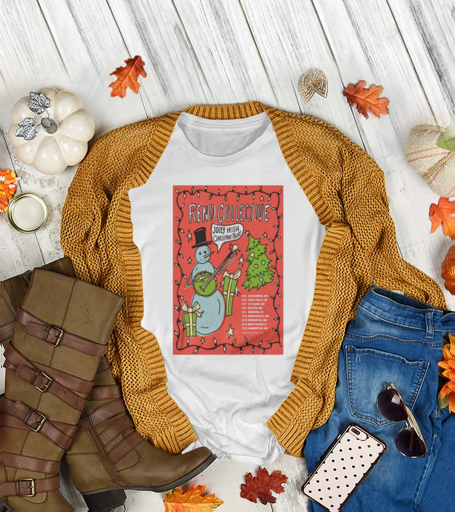 Rend Collective Jolly Irish Christmas Tour Dates and Festive Snowman with Banjo Art T-Shirt