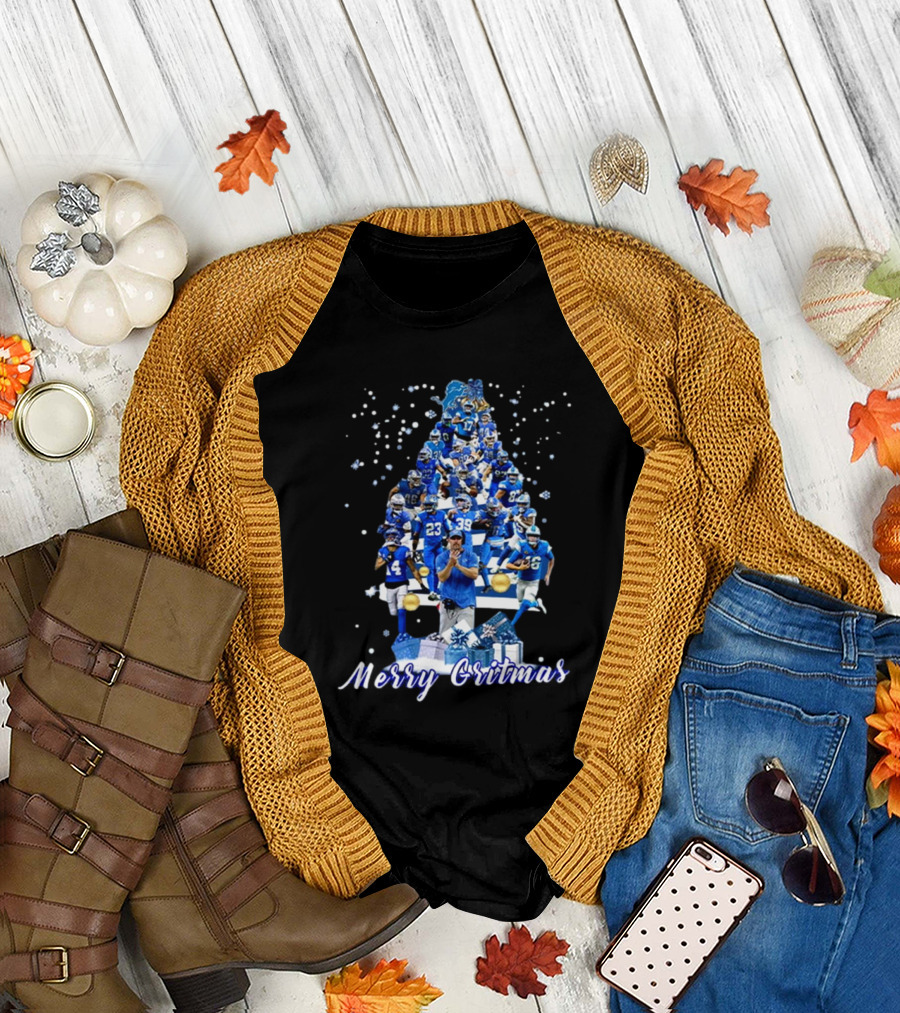 Detroit Lions Merry Gritmas NFL 2024 Christmas Tree Football Players T-Shirt