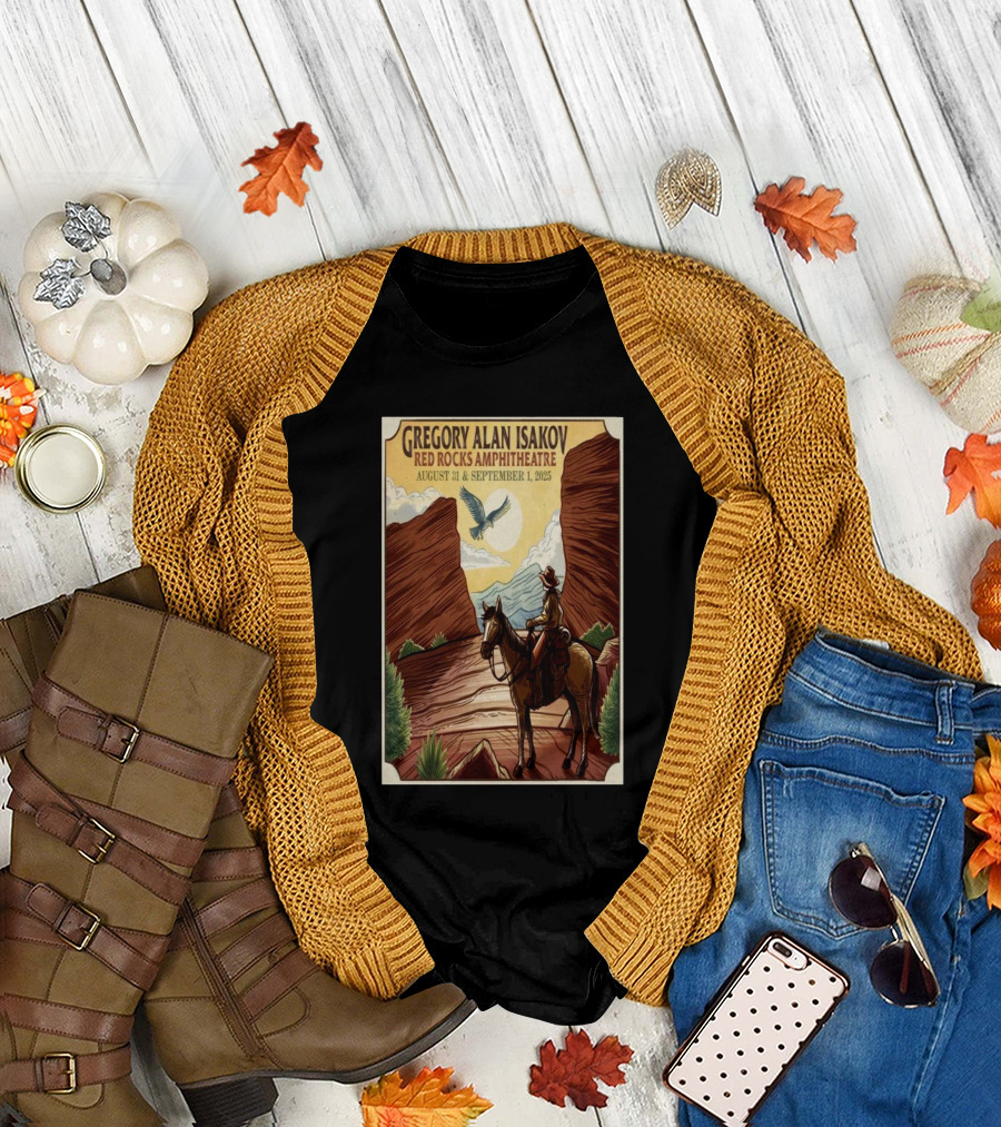 Gregory Alan Isakov Red Rocks Amphitheatre August 31 September 1 2025 Cowboy Scene with Eagle and Mountains T-Shirt