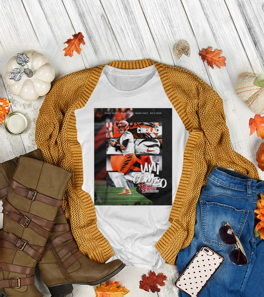 Cincinnati Bengals vs. Los Angeles Chargers Uni Combo Penn Station East Coast Subs Orange Helmet Major Jersey Orange Pants White Socks T-Shirt