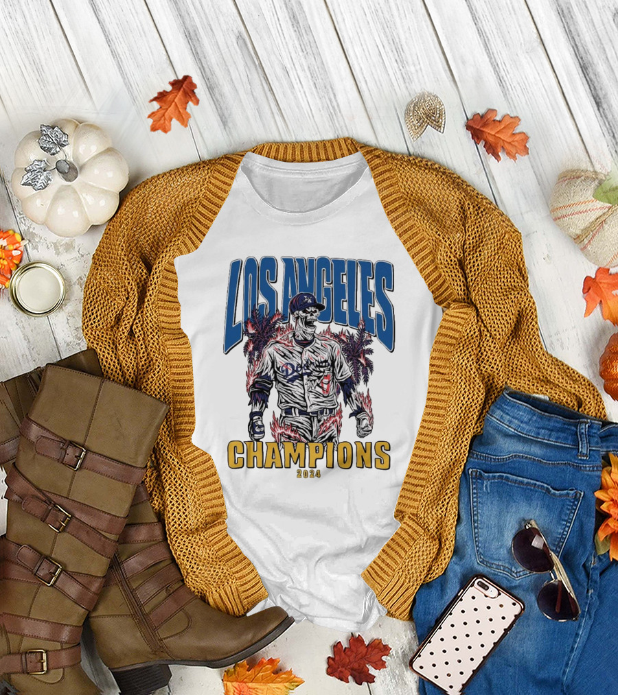 Los Angeles Dodgers Champions 2024 Skeleton Baseball T-Shirt