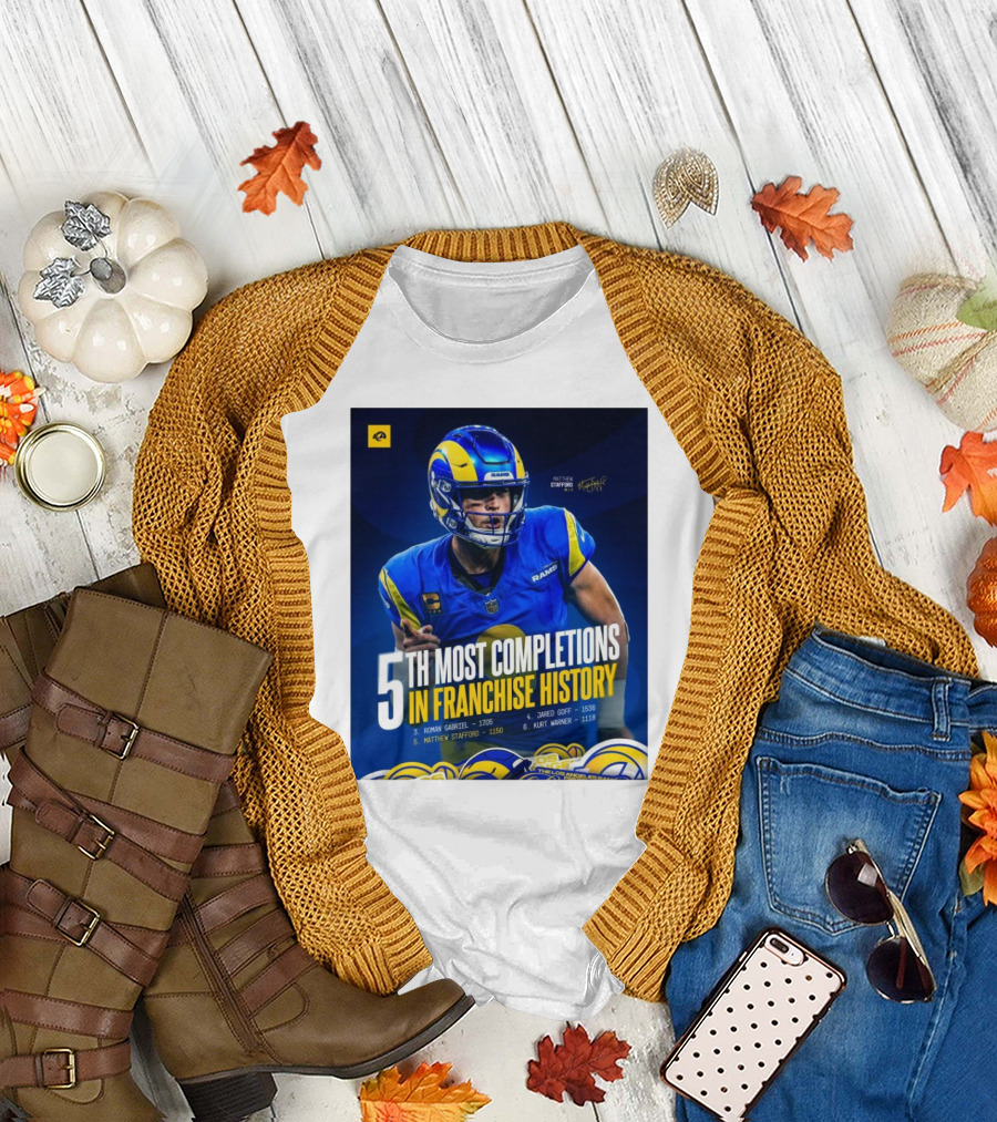 Matthew Stafford Rams 5th Most Completions in Franchise History Signature T-Shirt