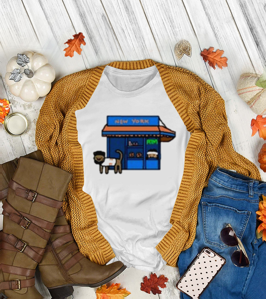 New York Bodega Kat with Blue Storefront and ATM T-Shirt