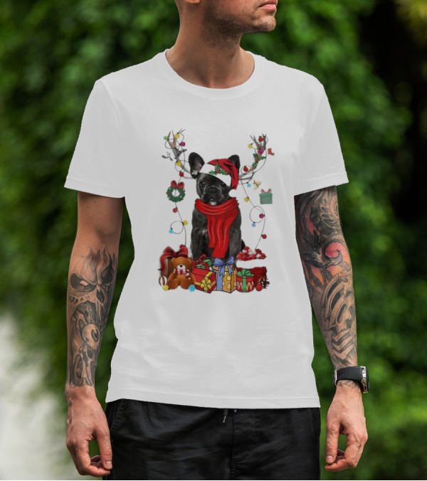French Bulldog Reindeer Christmas Lights Merry Christmas Wreath Gifts T-Shirt