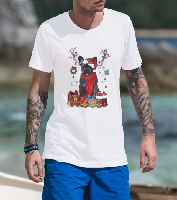 French Bulldog Reindeer Christmas Lights Merry Christmas Wreath Gifts T-Shirt