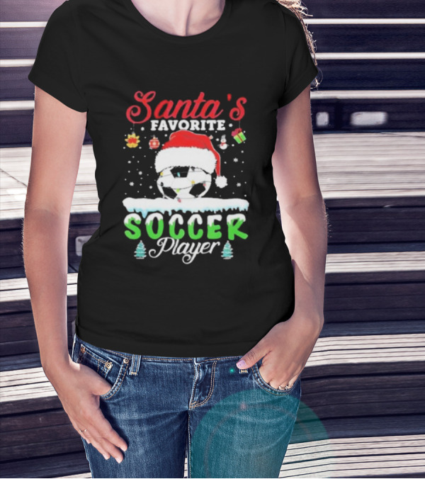 Santa's Favorite Soccer Player Christmas Football Soccer Ball Santa Hat Snowflakes T-Shirt