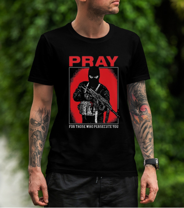 Ritualprintslc Shayne Smith Pray For Those Who Persecute You Masked Figure With Rifle In Red And Black T-Shirt