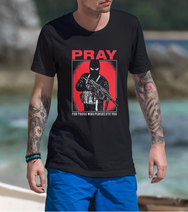 Ritualprintslc Shayne Smith Pray For Those Who Persecute You Masked Figure With Rifle In Red And Black T-Shirt