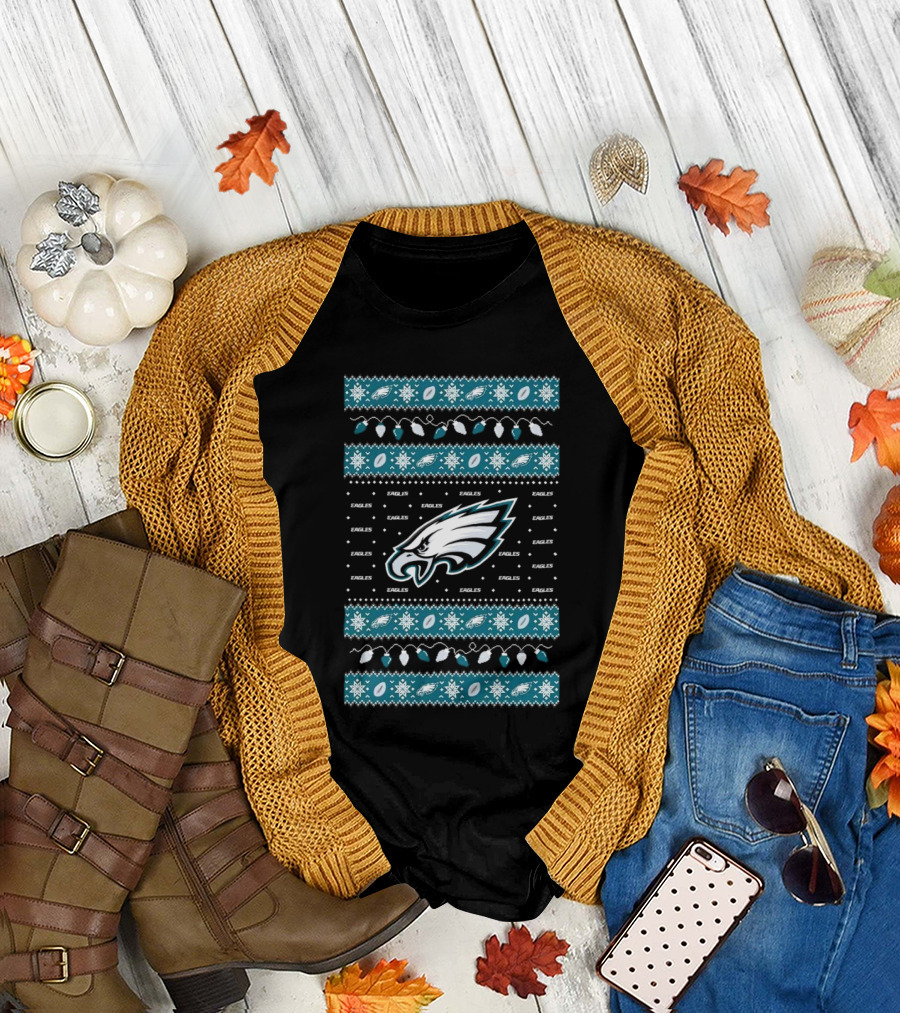 Philadelphia Eagles NFL Holiday Lights Ugly Sweater Christmas Eagles Logo Pattern T-Shirt