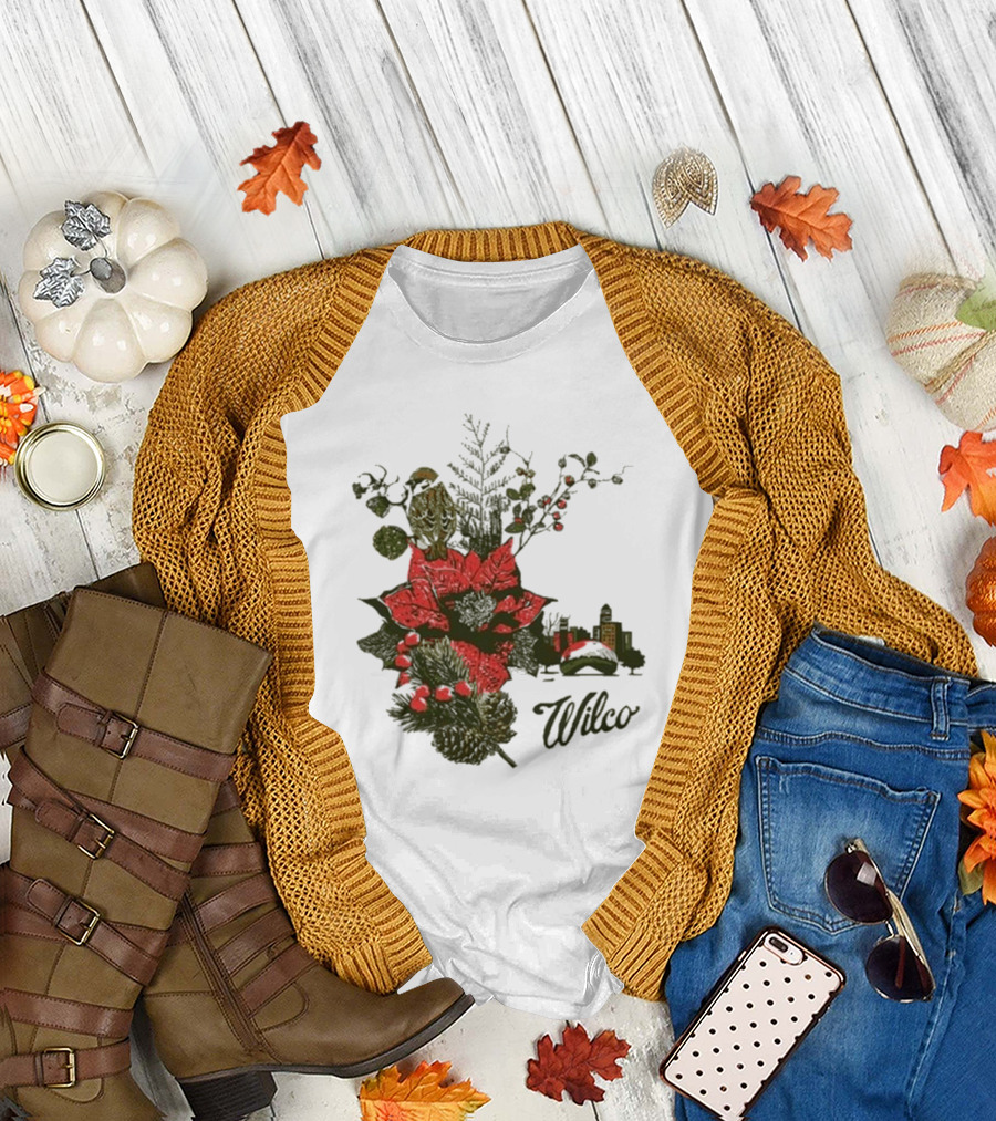 Wilco 2024 Holiday Poinsettia Scene with Skyline and Bird T-Shirt