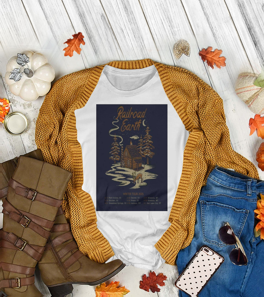 Railroad Earth Winter Tour 2025 Cabin and Deer Scenic Illustration with Tour Dates and Locations T-Shirt
