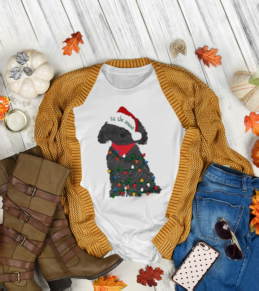 'Tis the Season Labradoodle Wrapped in Christmas Lights and Santa Hat T-Shirt