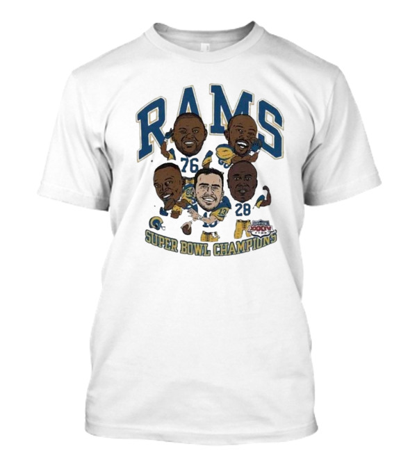 Rams Super Bowl Champions Caricatures 76 13 28 Player Signatures XXXIV T-Shirt