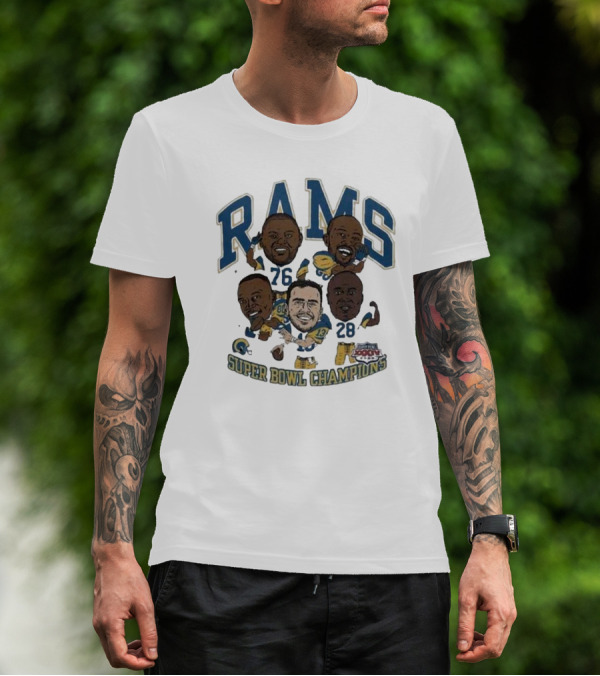 Rams Super Bowl Champions Caricatures 76 13 28 Player Signatures XXXIV T-Shirt