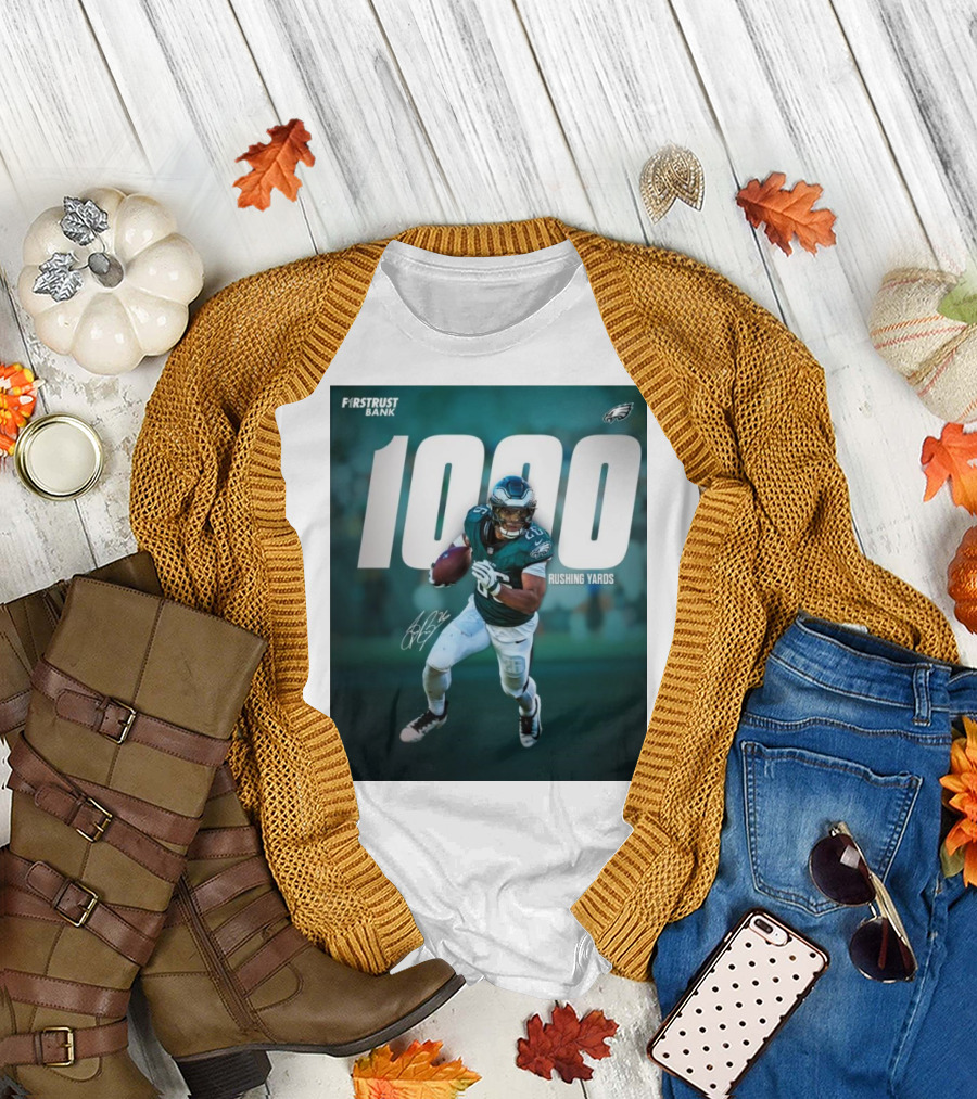 Philadelphia Eagles 1000 Rushing Yards Saquon Signature First Trust Bank T-Shirt