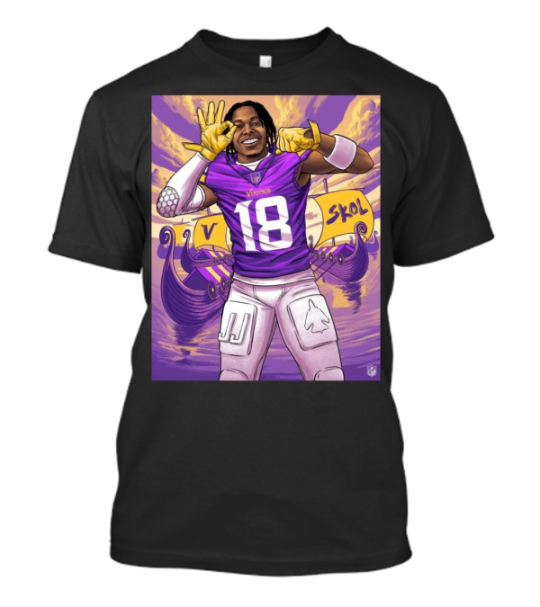 Justin Jefferson Minnesota Vikings NFL Legendary Wide Receiver In Vibrant Purple Celebration With Viking Ship And Skol T-Shirt
