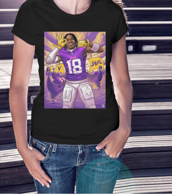 Justin Jefferson Minnesota Vikings NFL Legendary Wide Receiver In Vibrant Purple Celebration With Viking Ship And Skol T-Shirt