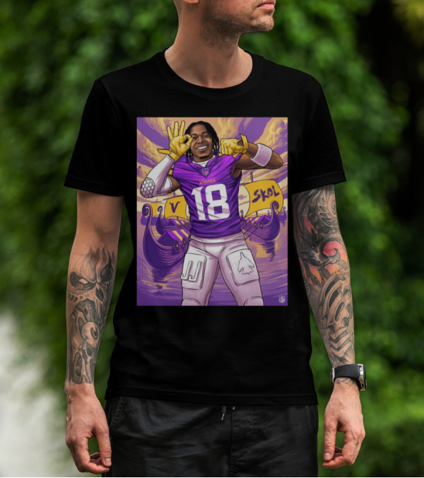 Justin Jefferson Minnesota Vikings NFL Legendary Wide Receiver In Vibrant Purple Celebration With Viking Ship And Skol T-Shirt