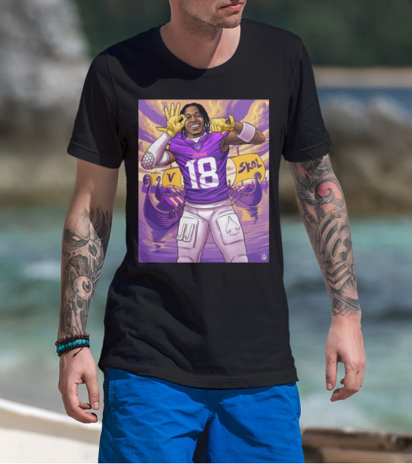 Justin Jefferson Minnesota Vikings NFL Legendary Wide Receiver In Vibrant Purple Celebration With Viking Ship And Skol T-Shirt