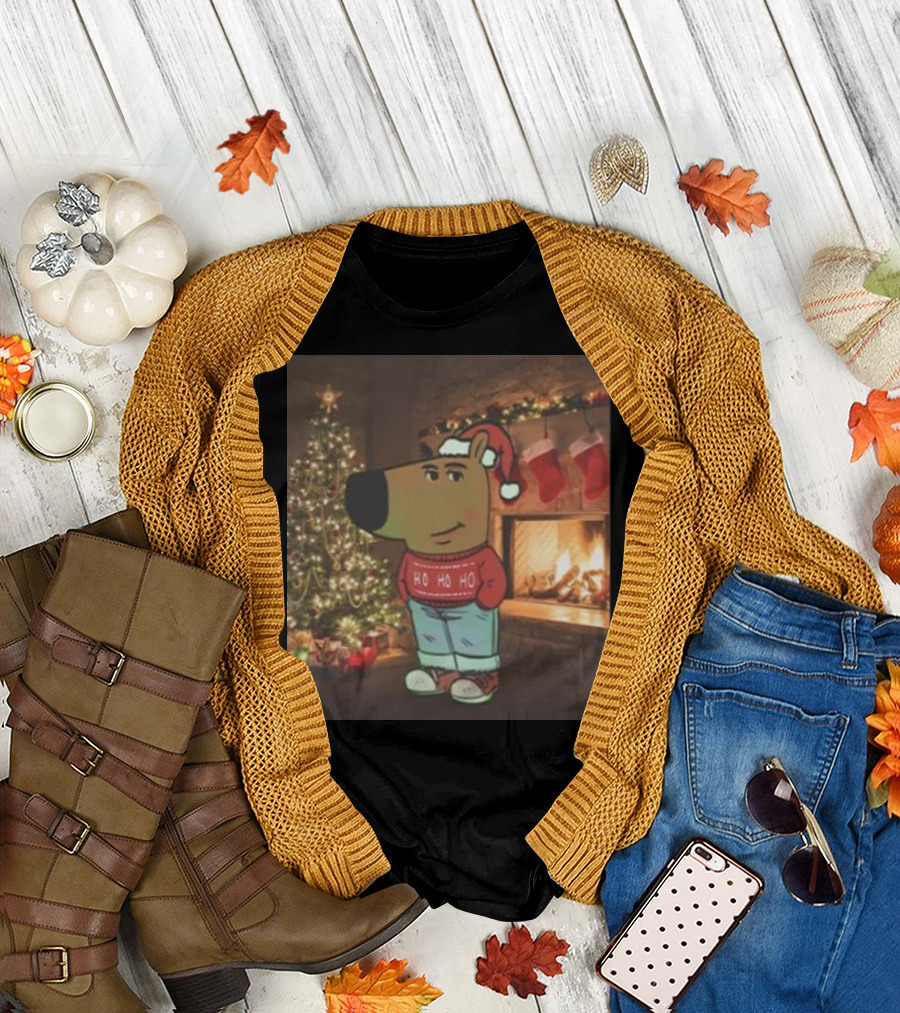 Santa Chill Guy Christmas Ho Ho Ho Sweater Bear by Fireplace and Tree T-Shirt