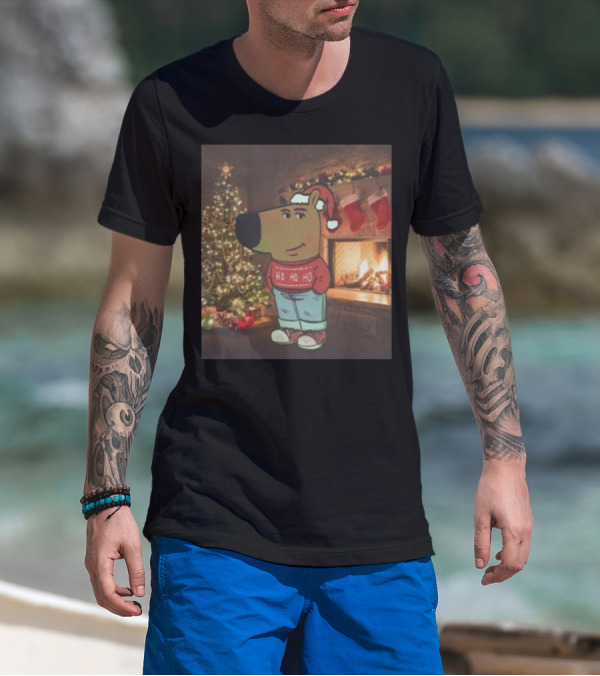 Santa Chill Guy Christmas Ho Ho Ho Sweater Bear By Fireplace And Tree T-Shirt