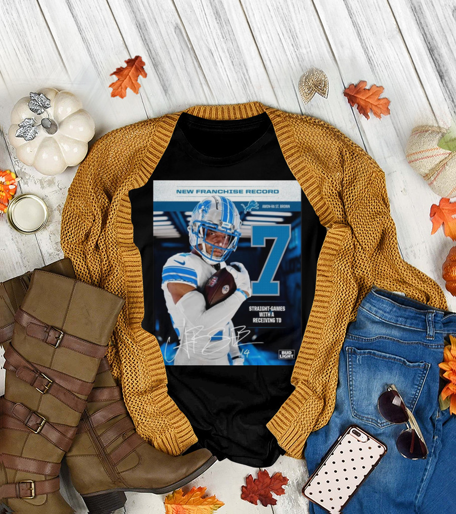 New Franchise Record Amon-Ra St Brown 7 Straight-Games With A Receiving TD Detroit Lions Bud Light T-Shirt