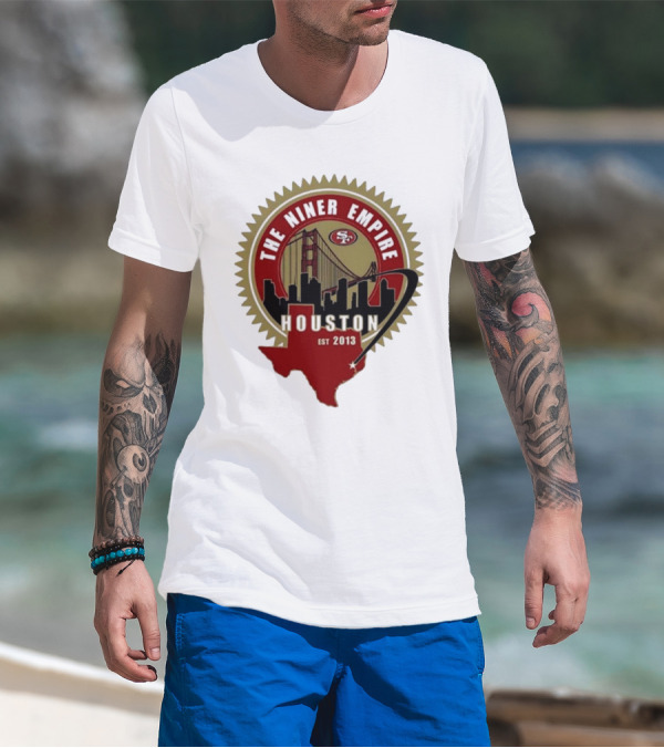 San Francisco 49ers NFL The Niner Empire Houston Est 2013 Golden Gate Bridge Skyline Badge T-Shirt