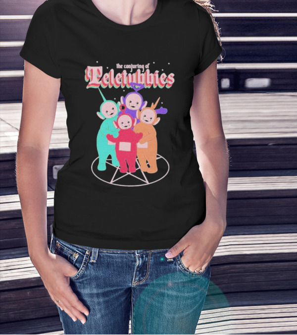 The Conjuring Of Teletubbies On Pentagram Background T-Shirt