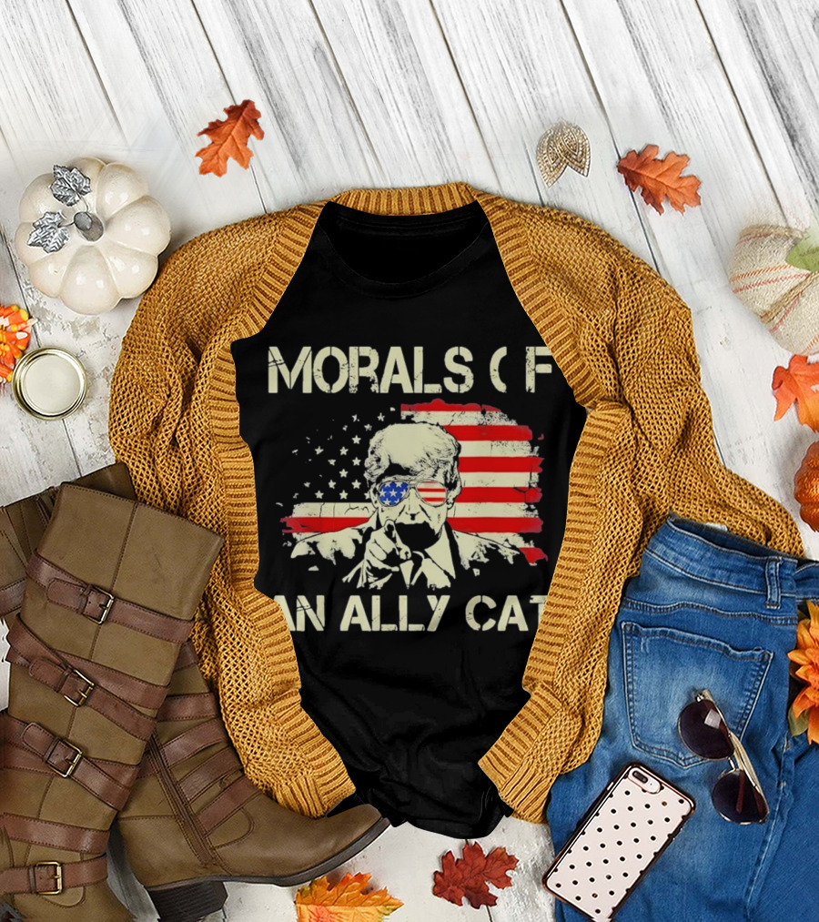 Morals of an Ally Cat Trump Patriot American Flag Sunglasses T-Shirt