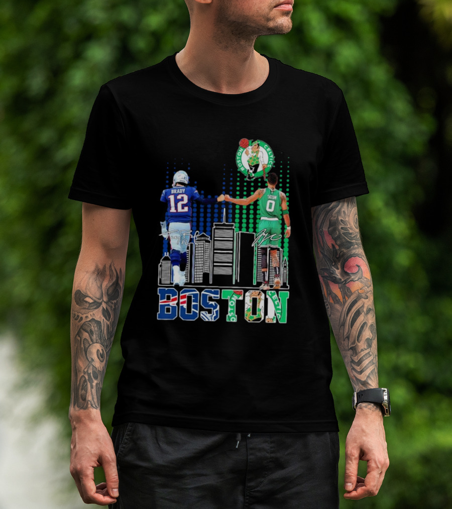 Boston Patriots And Celtics Skyline Featuring Tom Brady And Jayson Tatum Signatures T-Shirt