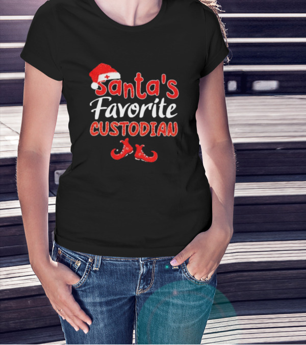 Santa's Favorite Custodian Festive Holiday Santa Hat And Elf Shoes T-Shirt