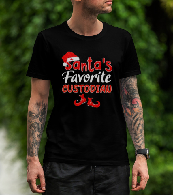 Santa's Favorite Custodian Festive Holiday Santa Hat And Elf Shoes T-Shirt