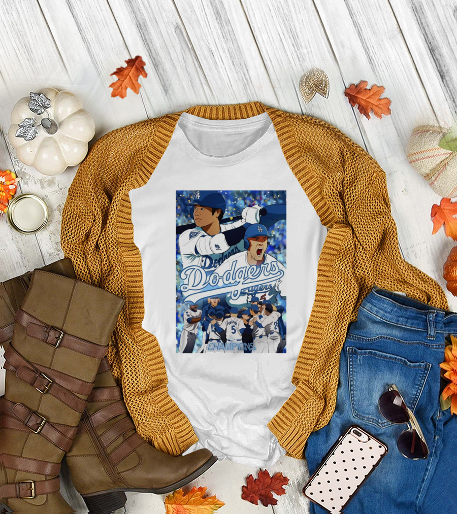 LA Dodgers World Series Champions Celebration Art Featuring Dodgers Players and Champions Text T-Shirt