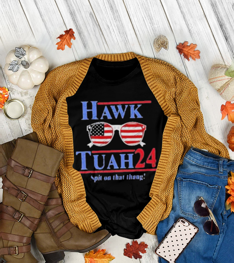 Hawk Tuah 2024 Spit on That Thang American Flag Sunglasses T-Shirt