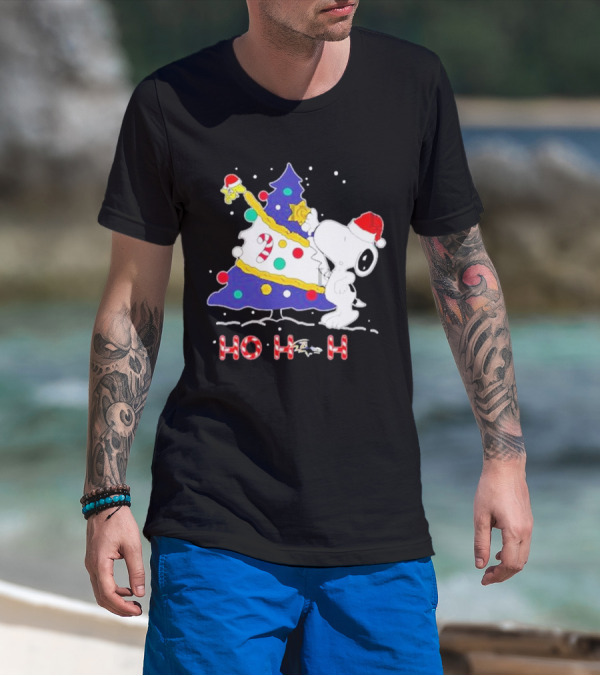 Ho Ho Ho Snoopy Woodstock Christmas Tree Baltimore Ravens T-Shirt