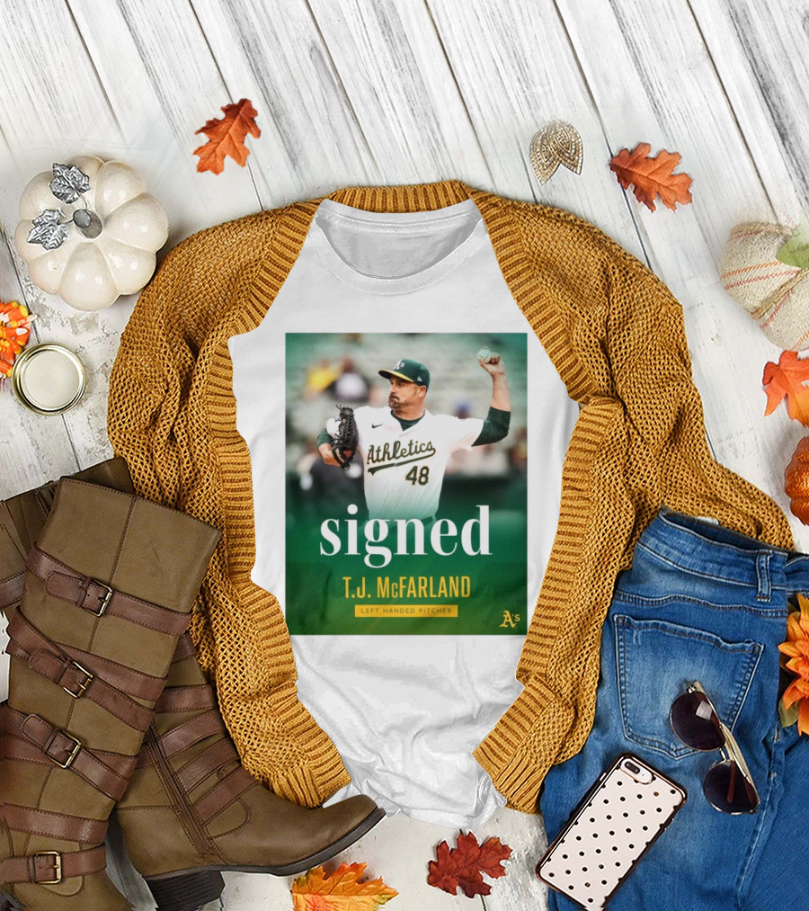 Signed T.J. McFarland Athletic A's Left-Handed Pitcher T-Shirt