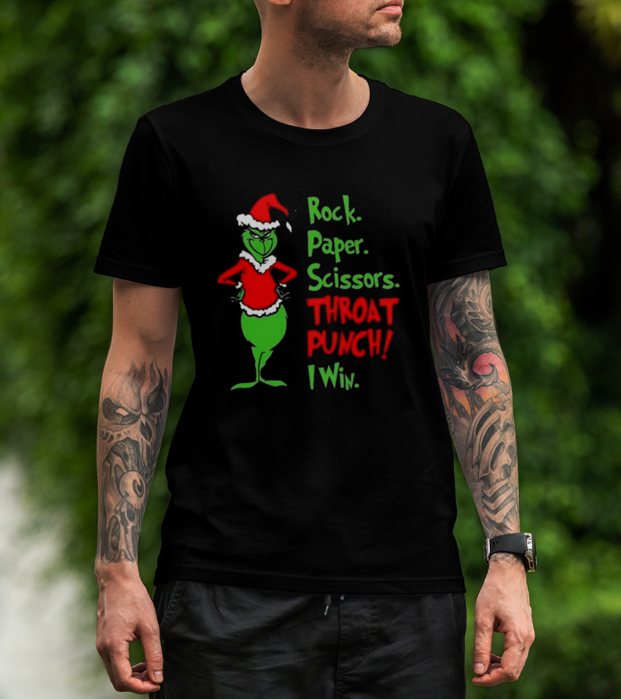 Grinch Rock Paper Scissors Throat Punch I Win Merry Christmas T-Shirt