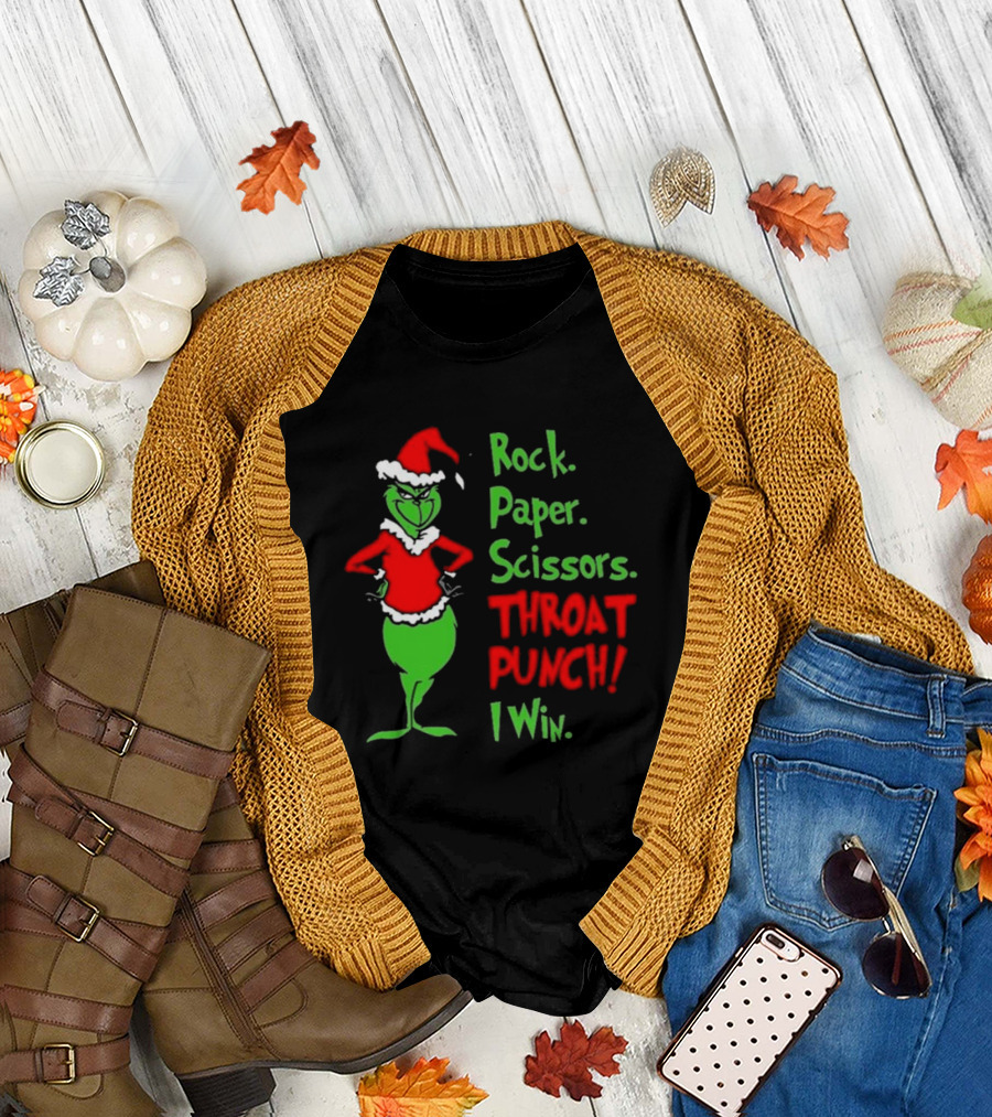 Grinch Rock Paper Scissors Throat Punch I Win Merry Christmas T-Shirt