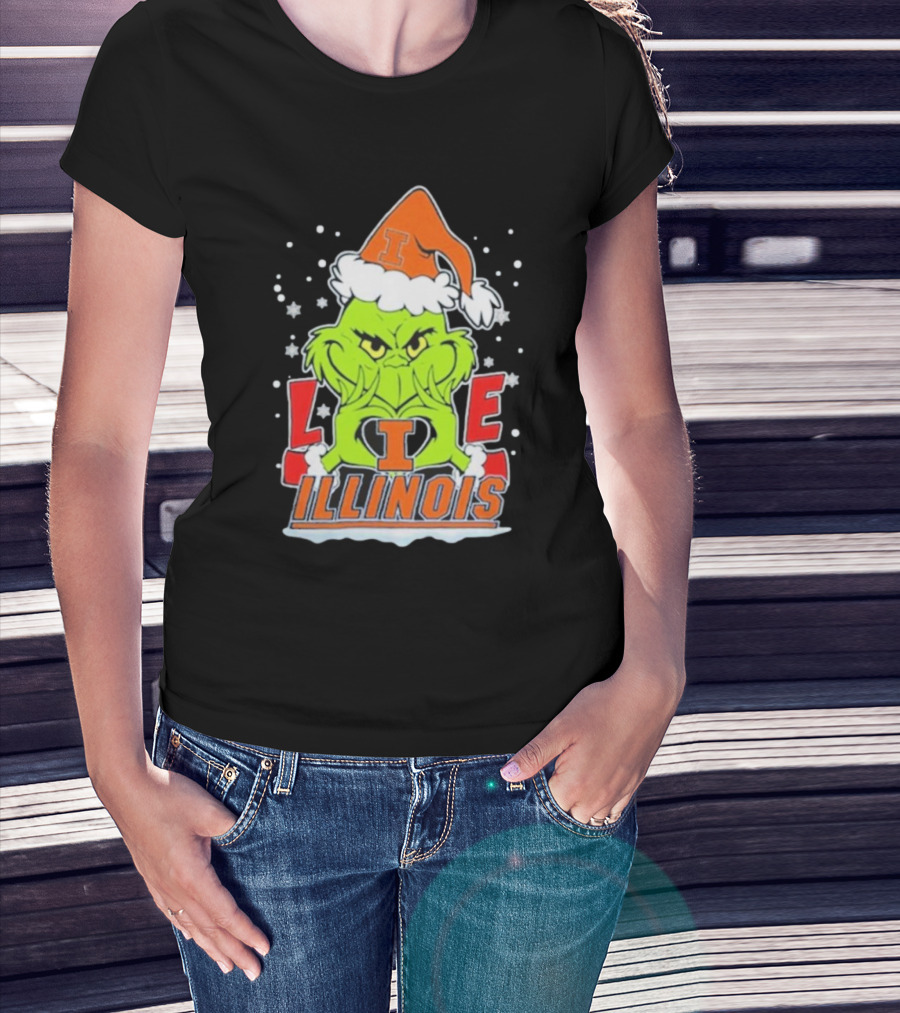 The Grinch Love Illinois Football Christmas T-Shirt
