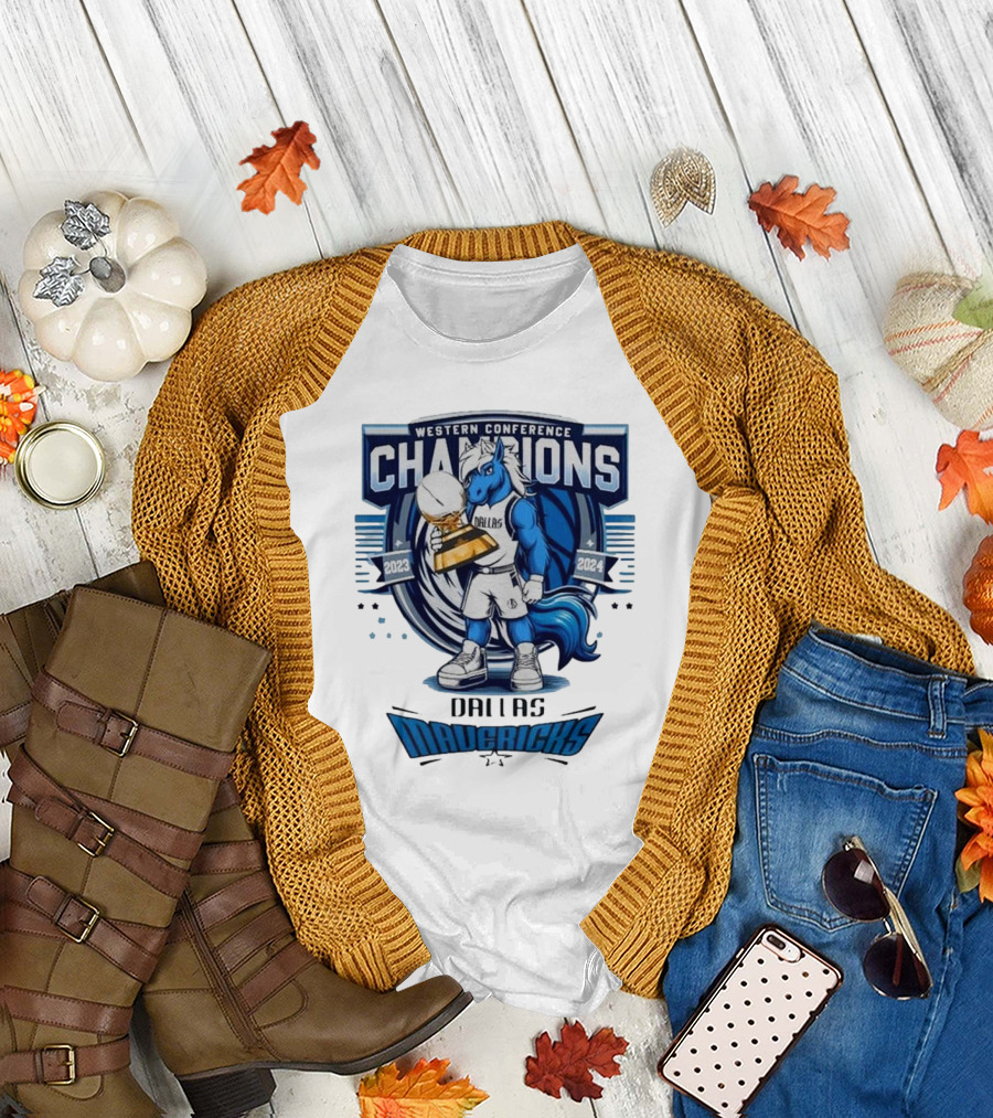 Western Conference Champions 2024 Dallas Mavericks Mascot Holding Trophy T-Shirt