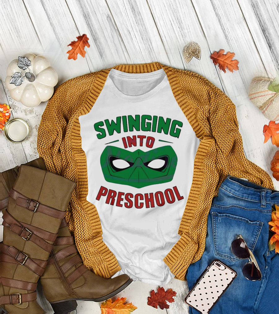 Swinging Into Preschool Green Superhero Mask T-Shirt