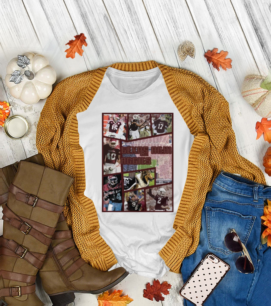 Texas A&M Aggies Football Collage Featuring Players and Mascot T-Shirt
