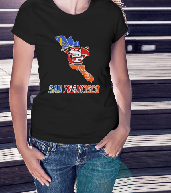 San Francisco Bay Bridge And Sports Teams Logos Map T-Shirt